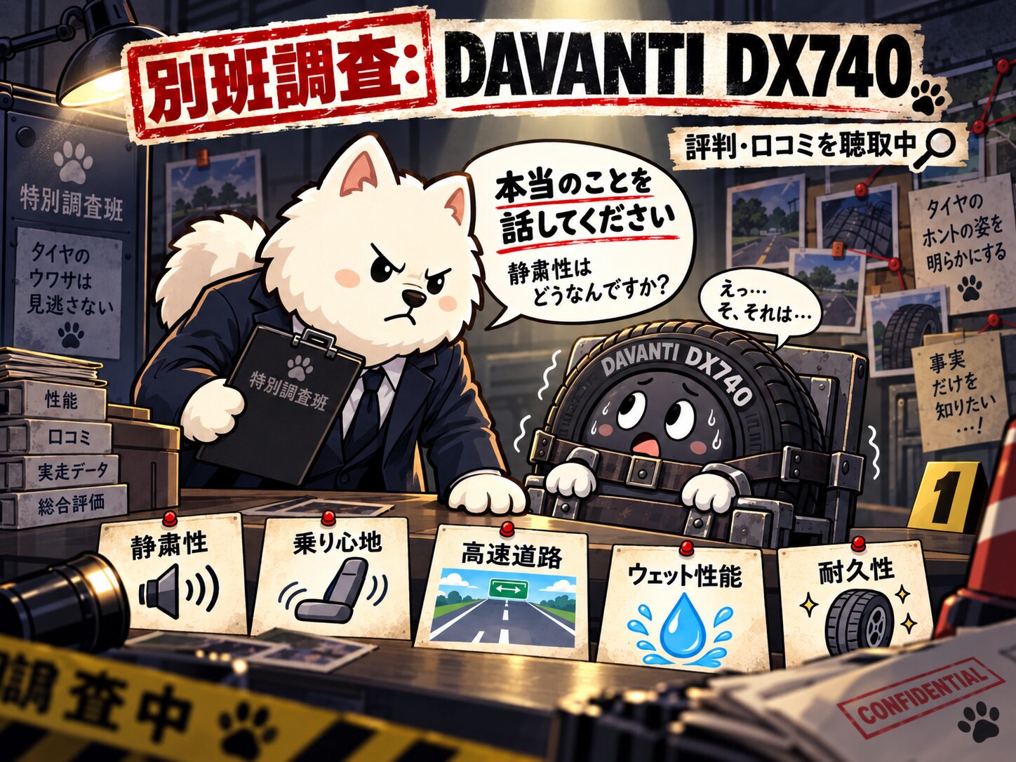 別班員のさもがDAVANTI DX740の静粛性や乗り心地などを取り調べるイメージ
