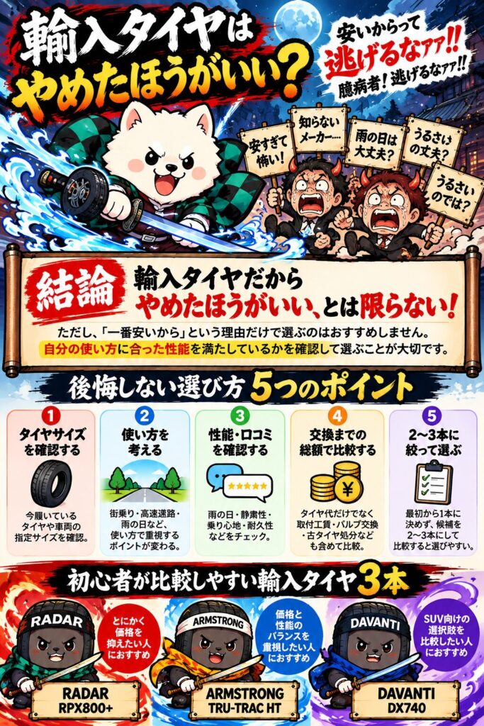 輸入タイヤはやめたほうがいいとは限らない、後悔しない選び方のポイントをまとめた結論図解
